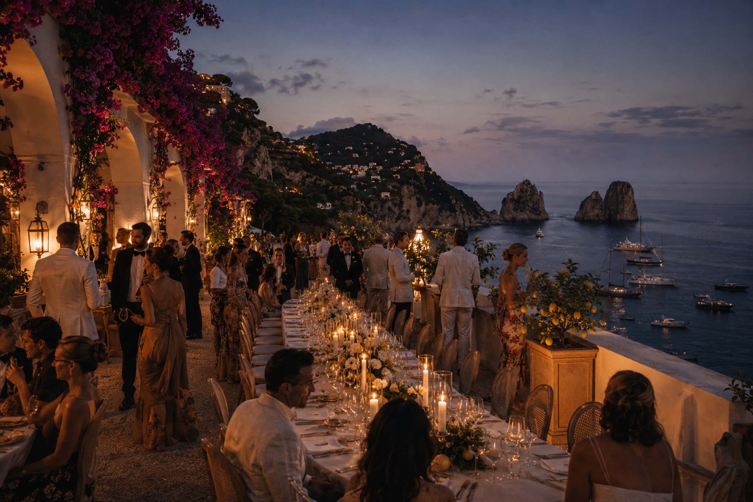 A long candlelit table on a Capri terrace at dusk, guests standing and seated above the sea.