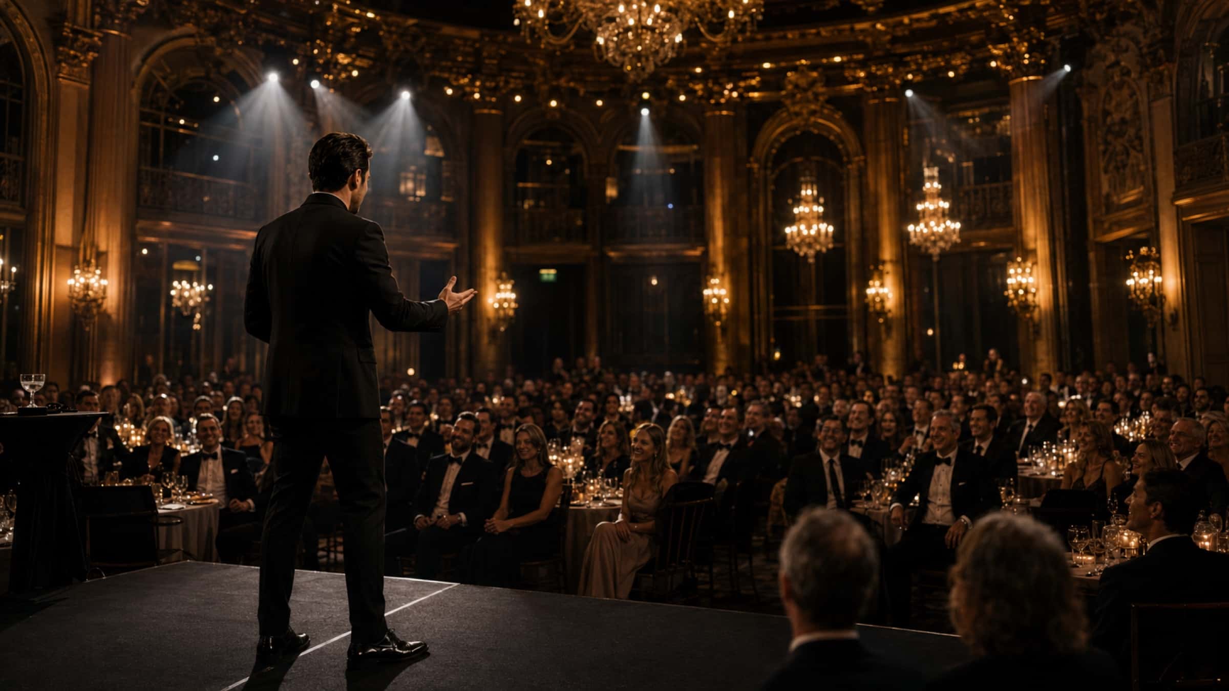 A performer on stage seen from behind, facing a full ballroom of seated guests under chandeliers.
