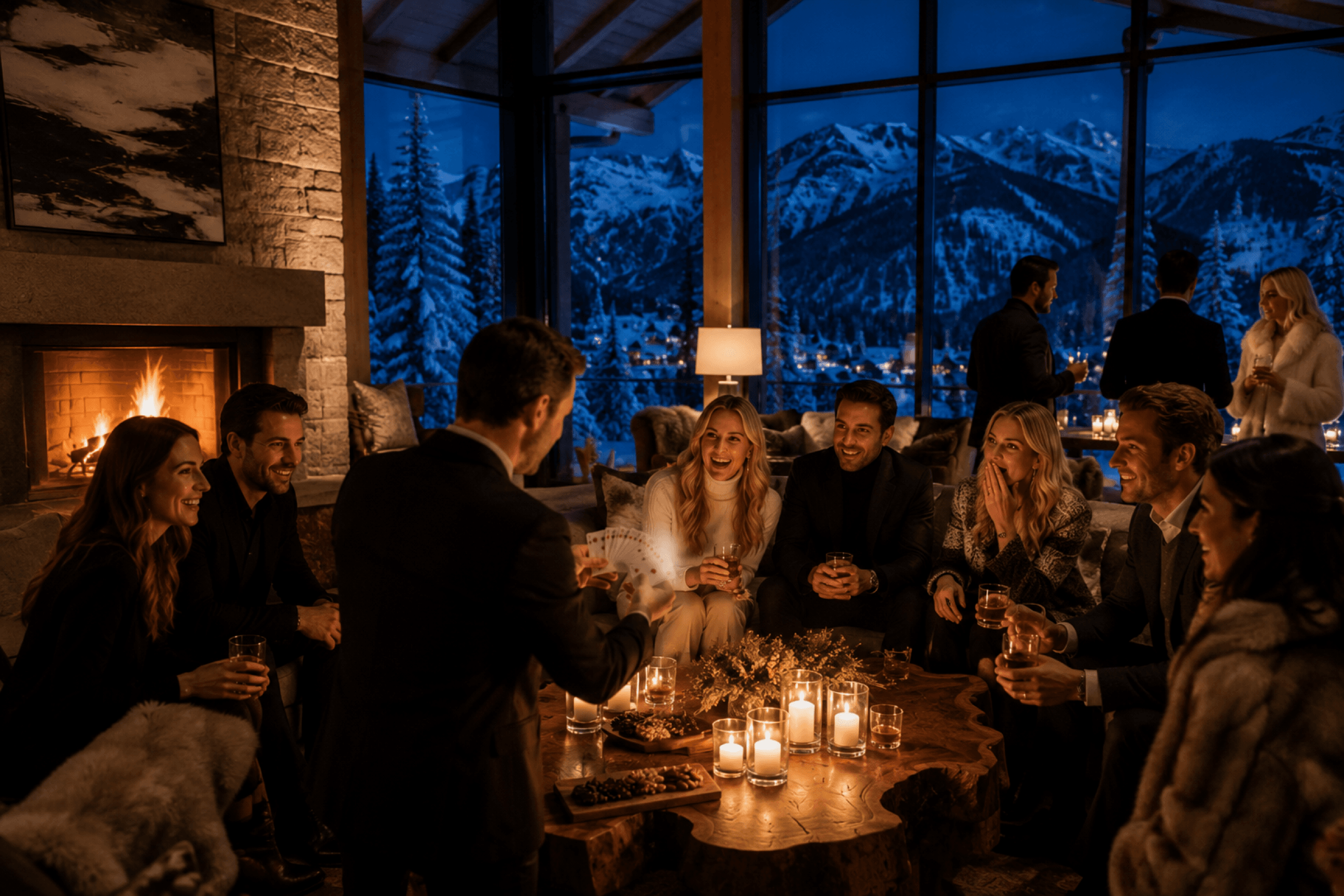 A fireside gathering in an alpine chalet, guests reacting to a fan of cards against snow-lit windows.