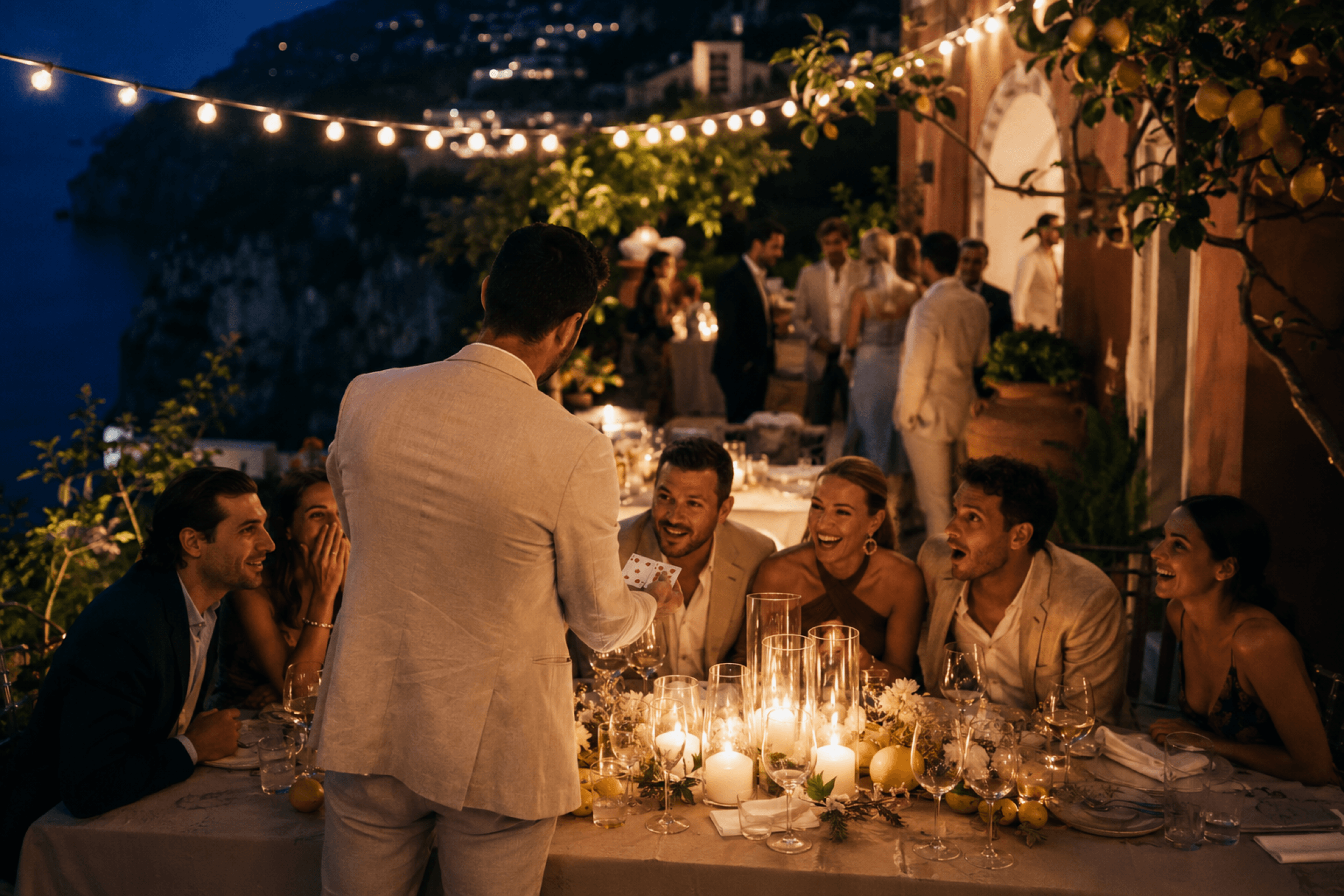 Guests at a candlelit table on a coastal terrace, laughing at a card held up in front of them.