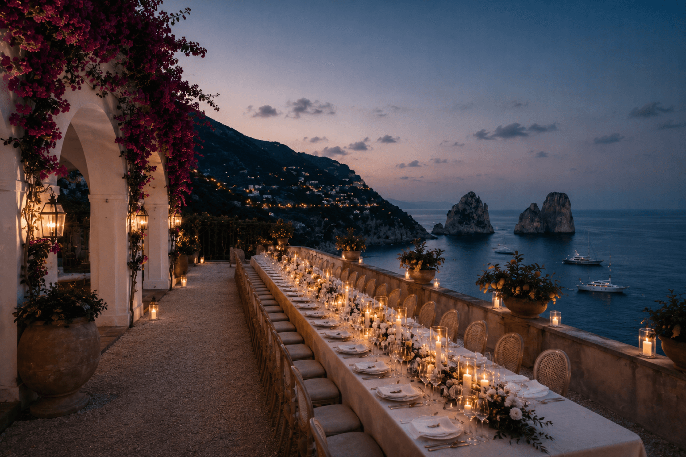 A long table set with candles and white flowers on a Capri terrace before the guests arrive.