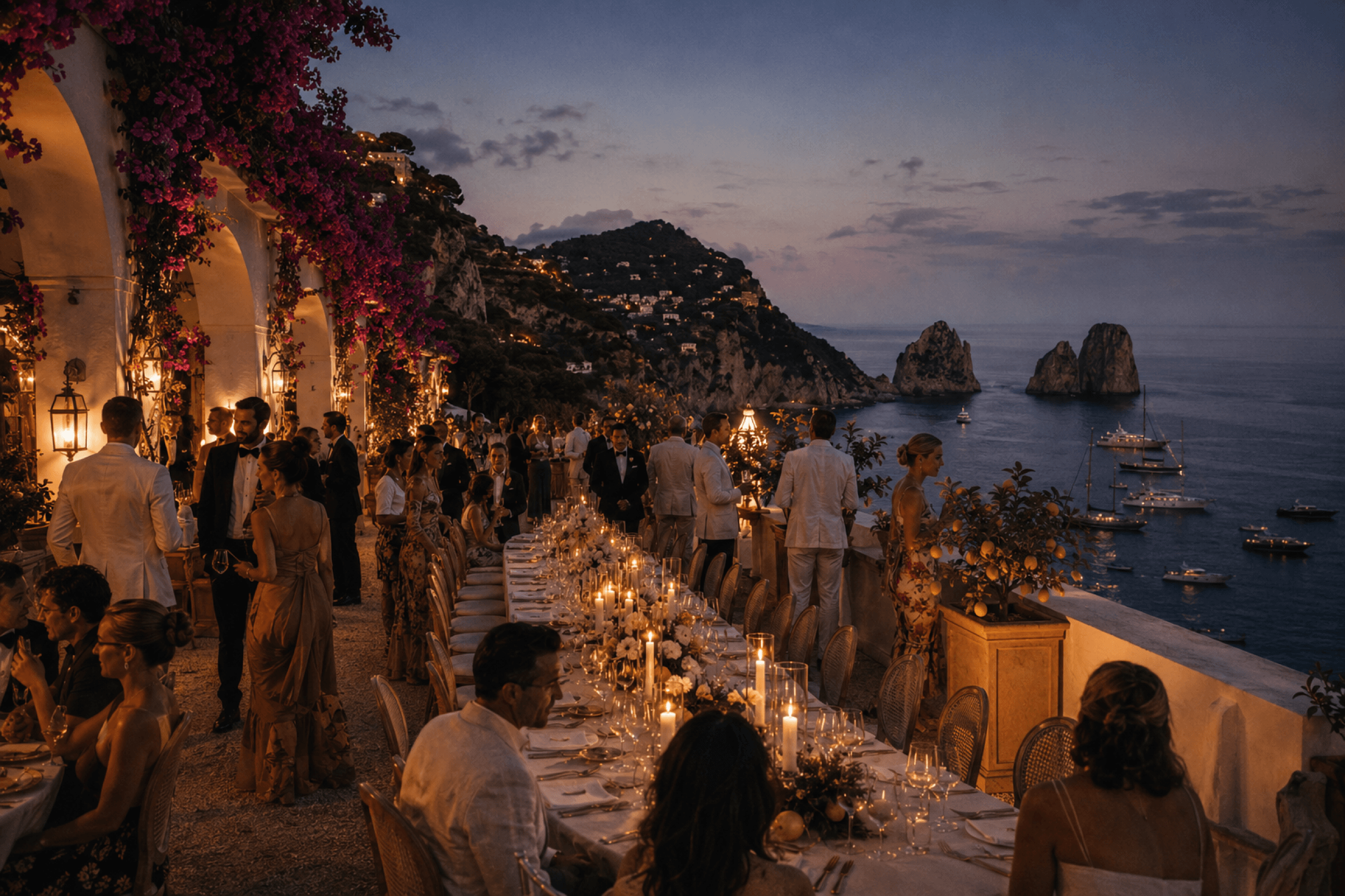 A long candlelit table on a Capri terrace at dusk, guests standing and seated above the sea.