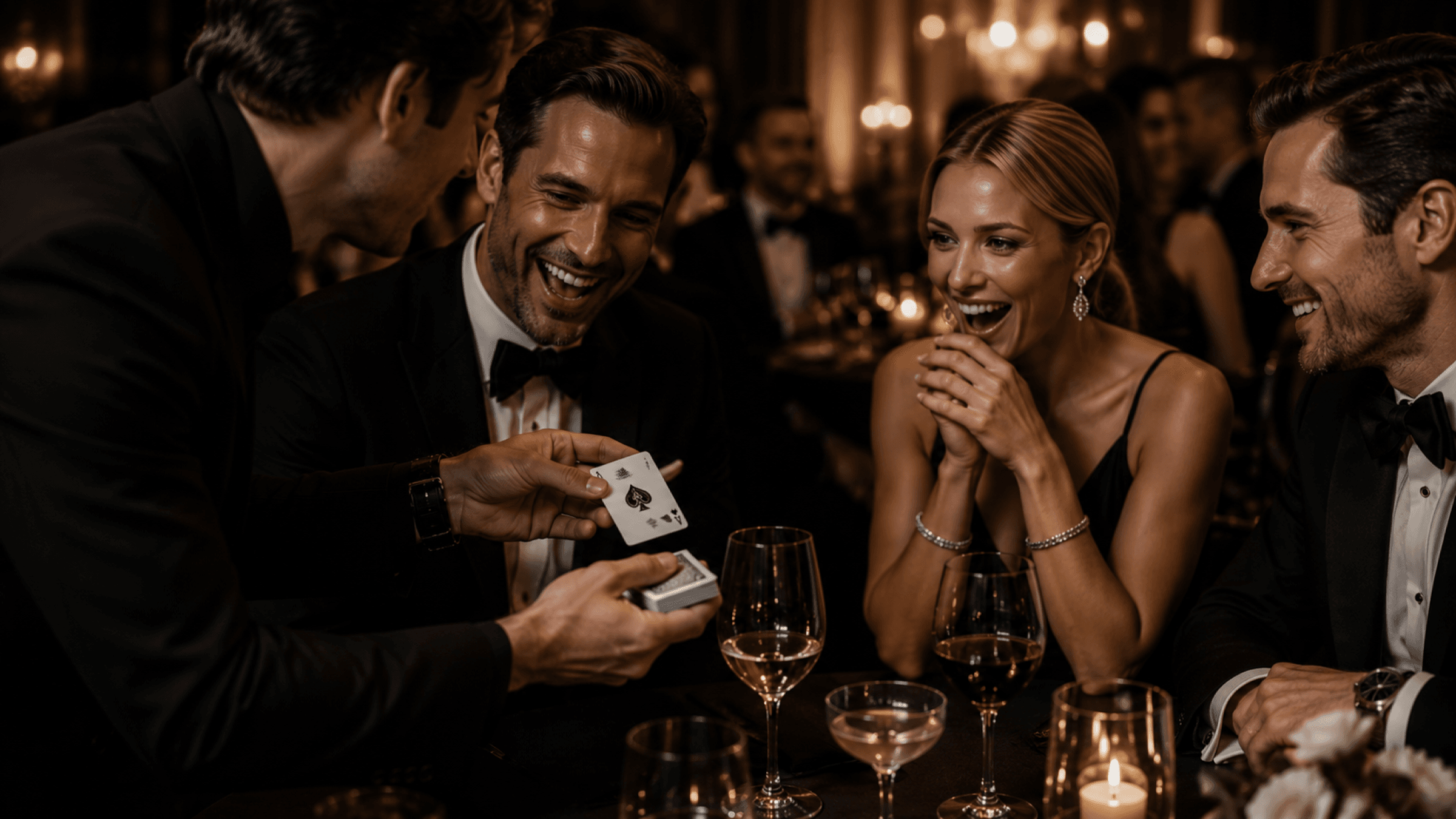 A guest covering her mouth mid-laugh as a card is revealed across a candlelit dinner table.