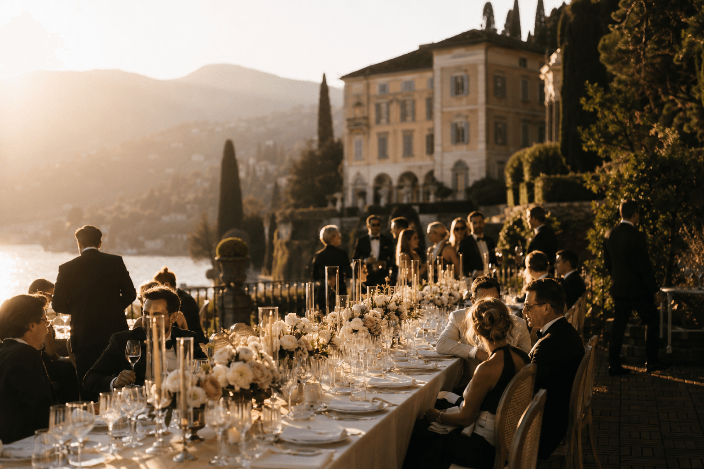 A lakeside wedding table in golden light, a villa and mountains beyond.