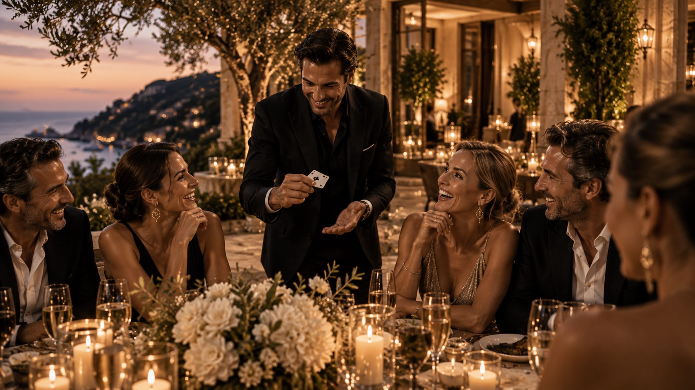 A seated dinner on a Mediterranean terrace at dusk, guests turning towards a card held mid-air.