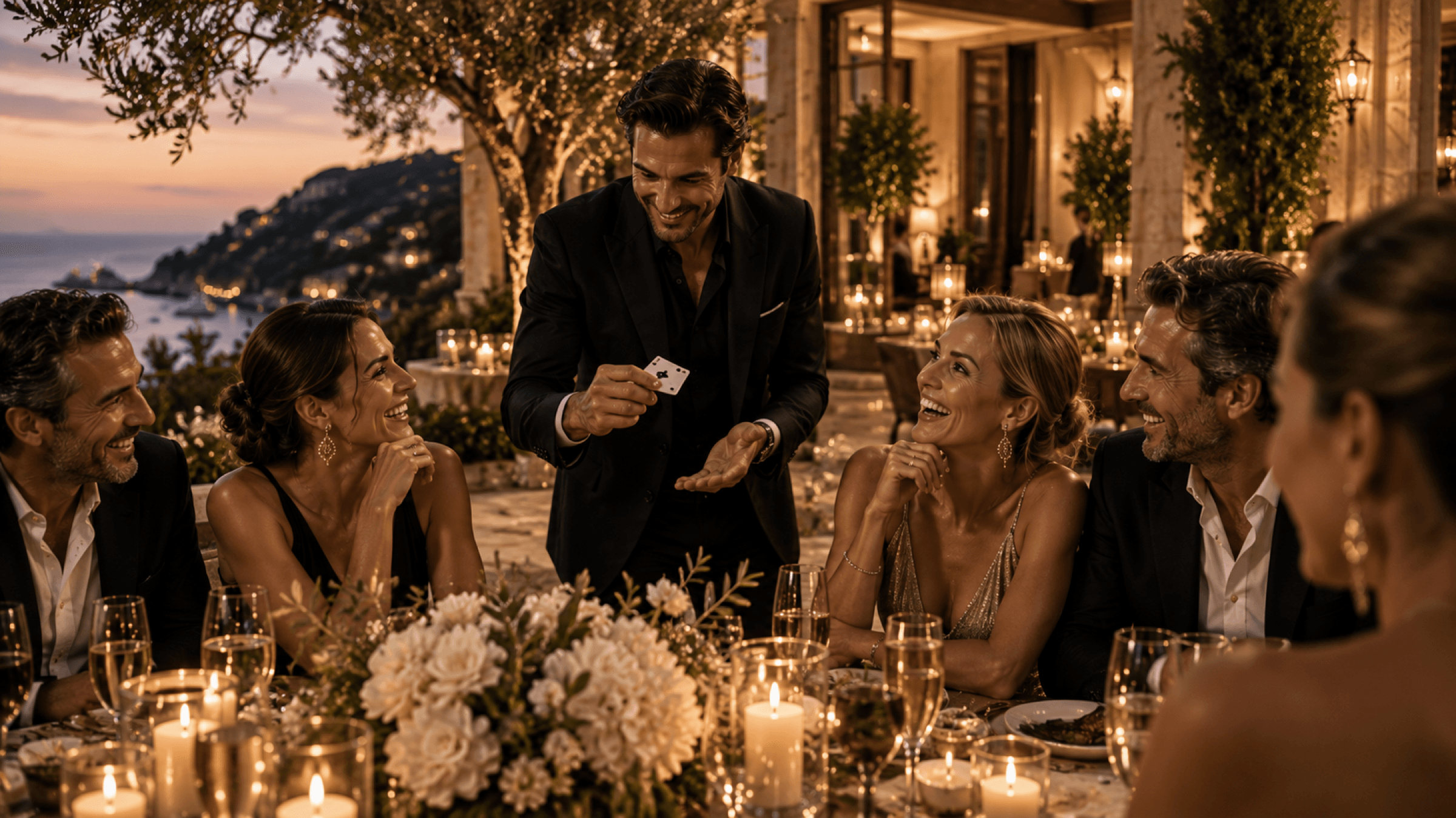 A seated dinner on a Mediterranean terrace at dusk, guests turning towards a card held mid-air.