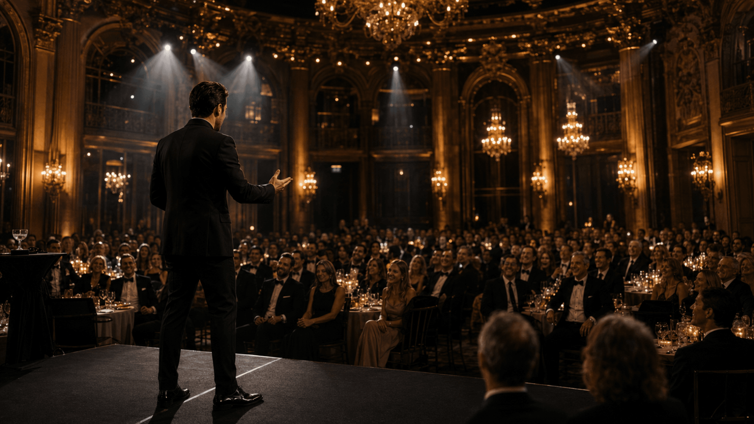 A performer on stage seen from behind, facing a full ballroom of seated guests under chandeliers.