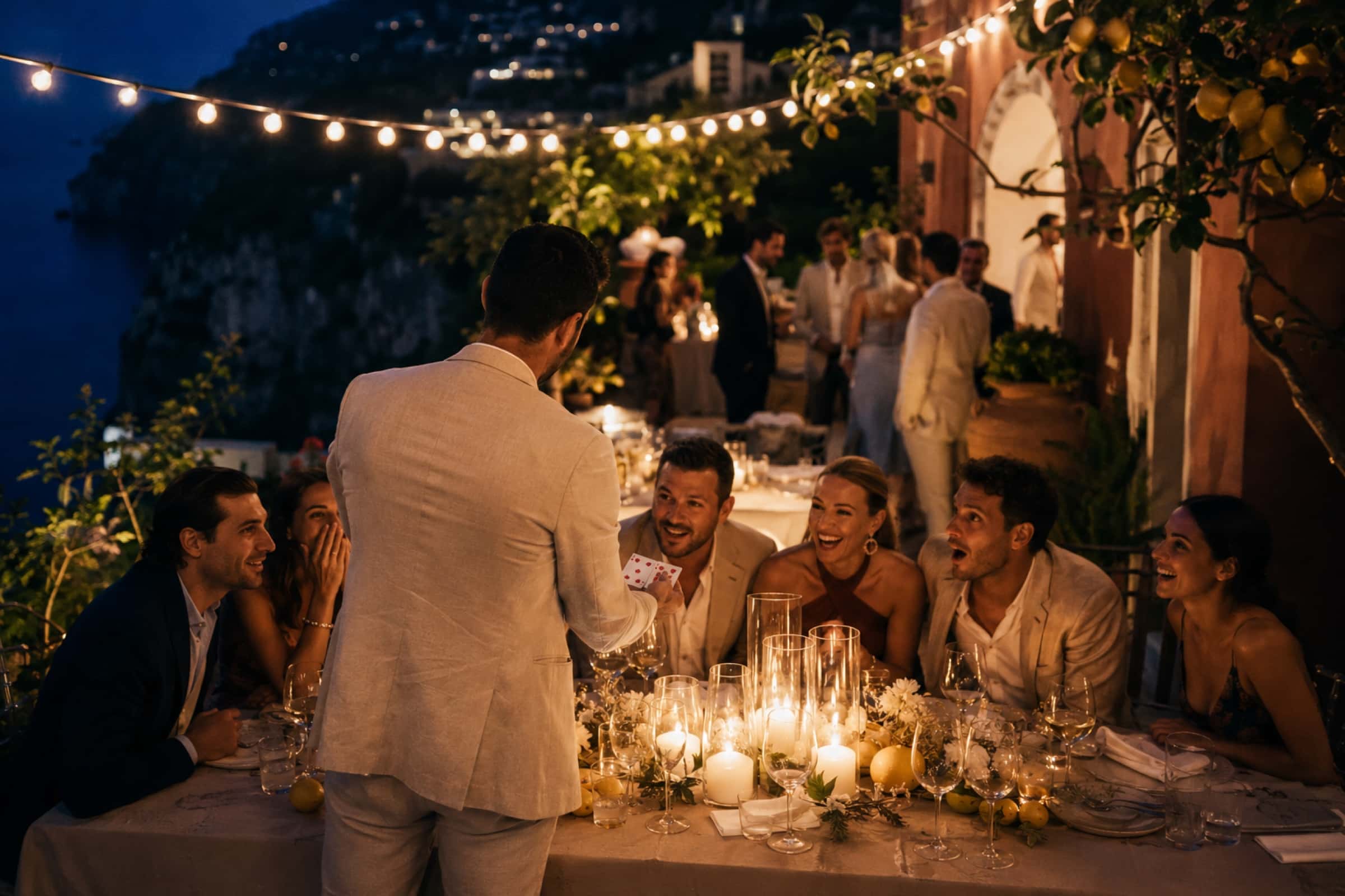 Guests at a candlelit table on a coastal terrace, laughing at a card held up in front of them.