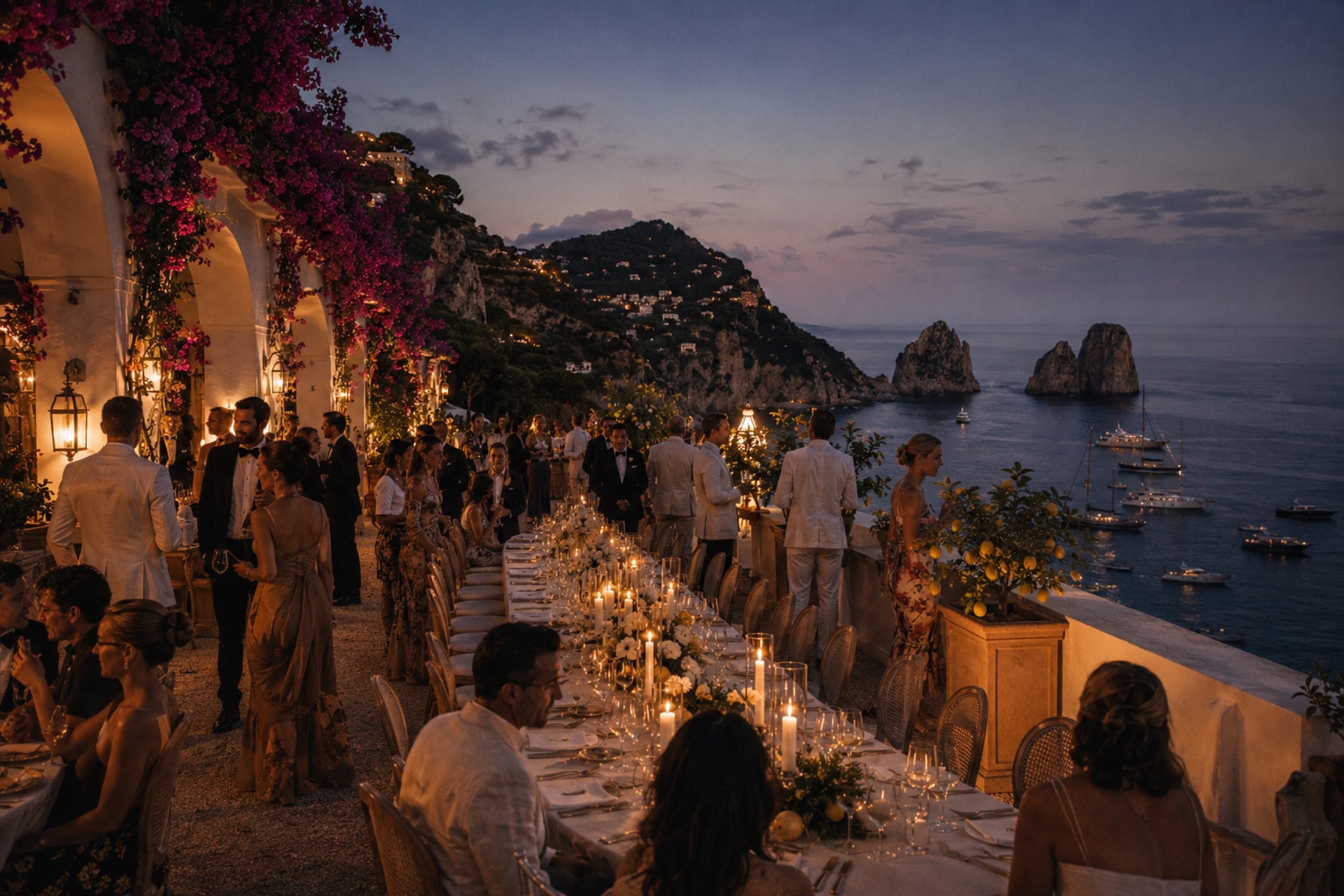 A long candlelit table on a Capri terrace at dusk, guests standing and seated above the sea.