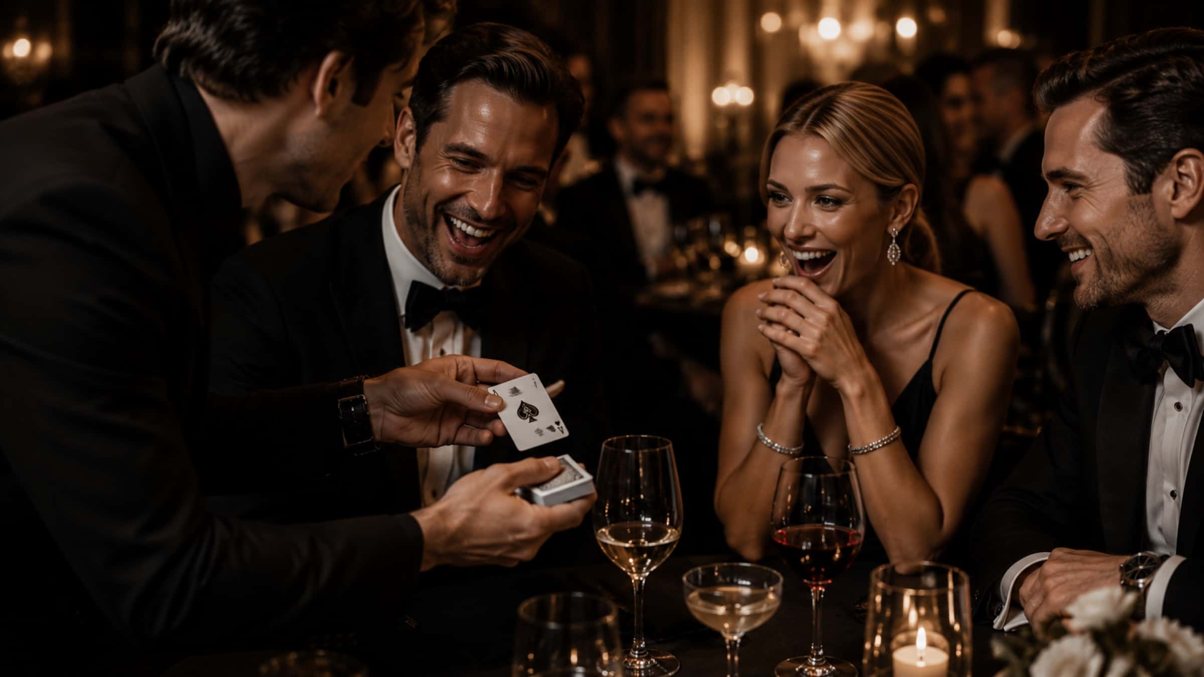 A guest covering her mouth mid-laugh as a card is revealed across a candlelit dinner table.