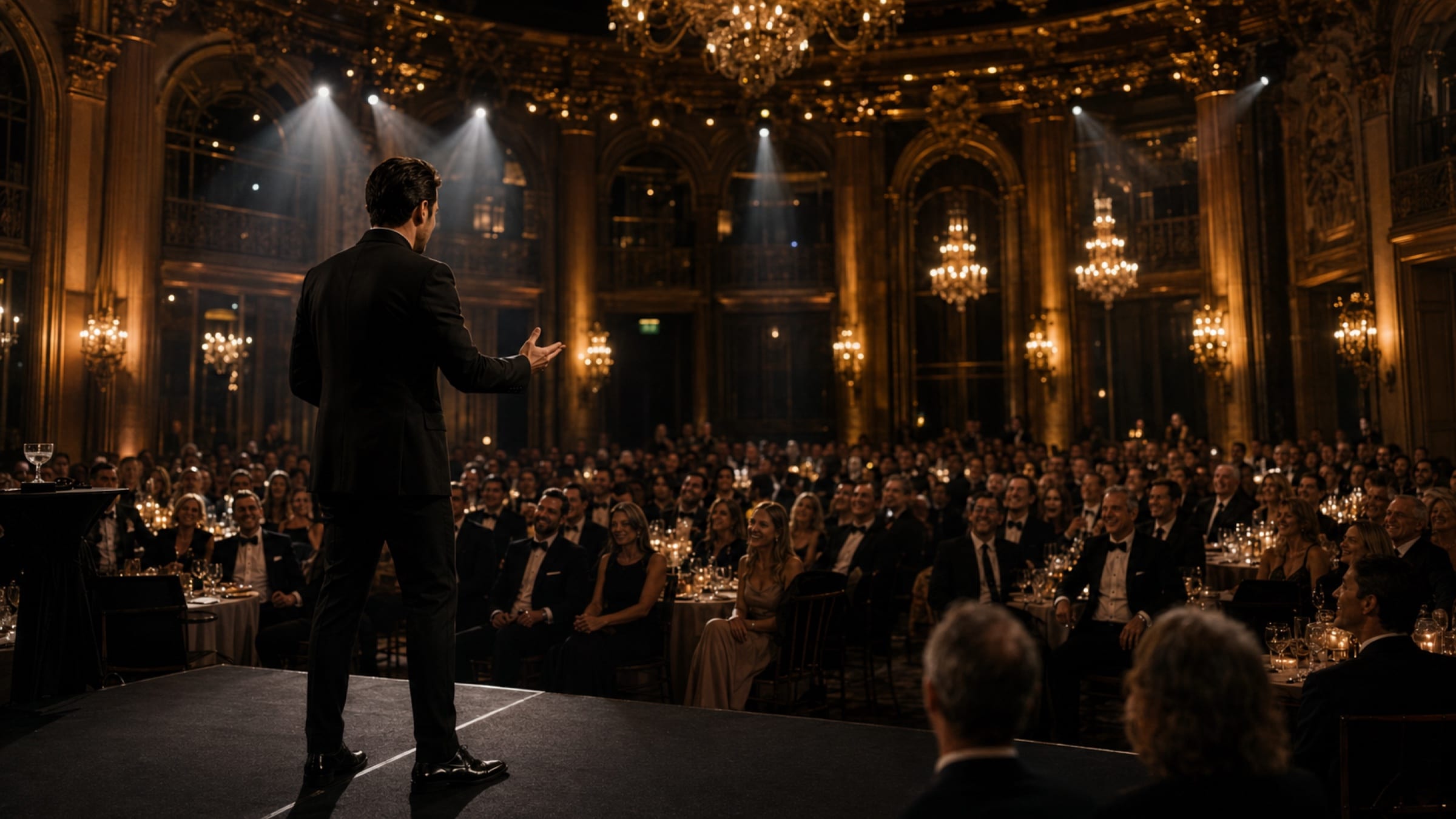 A performer on stage seen from behind, facing a full ballroom of seated guests under chandeliers.