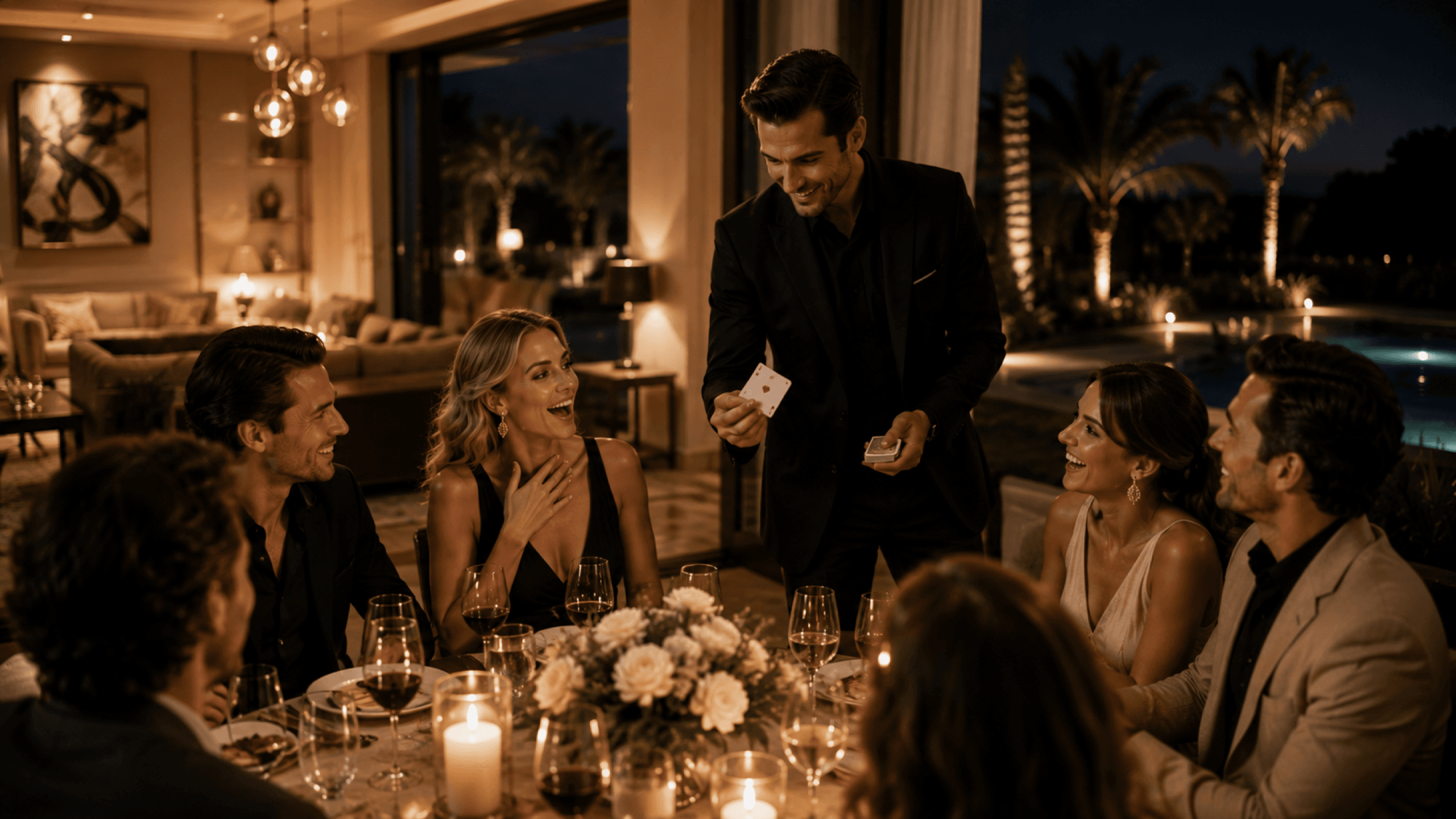 A private dinner beside a lit pool, a guest reacting to a card revealed across the table.